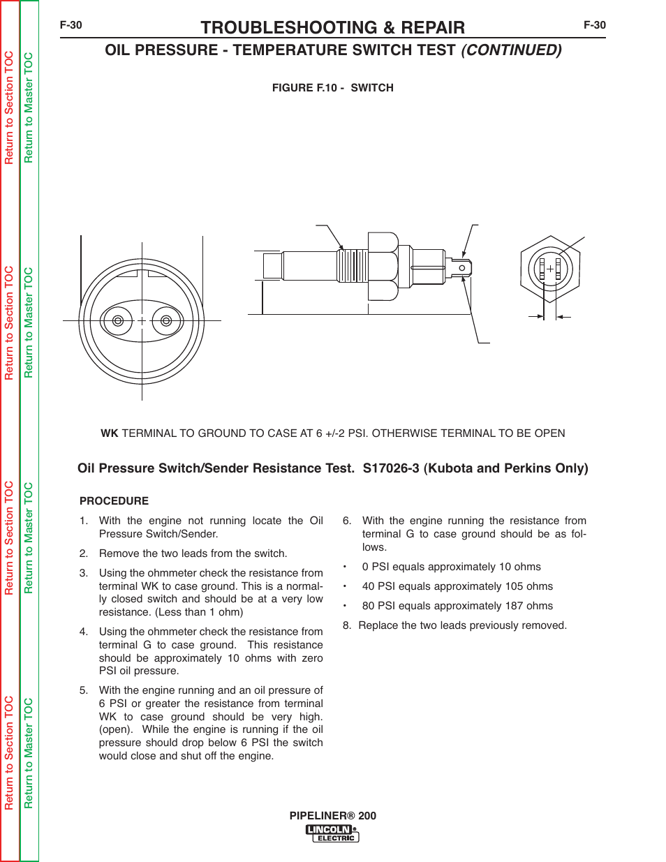 Troubleshooting & repair, Oil pressure - temperature switch test (continued) | Lincoln Electric PIPELINER 200 User Manual | Page 100 / 145