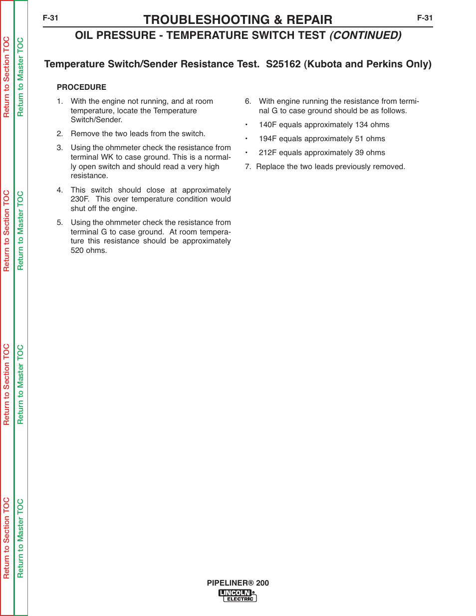 Troubleshooting & repair, Oil pressure - temperature switch test (continued) | Lincoln Electric PIPELINER 200 User Manual | Page 101 / 145