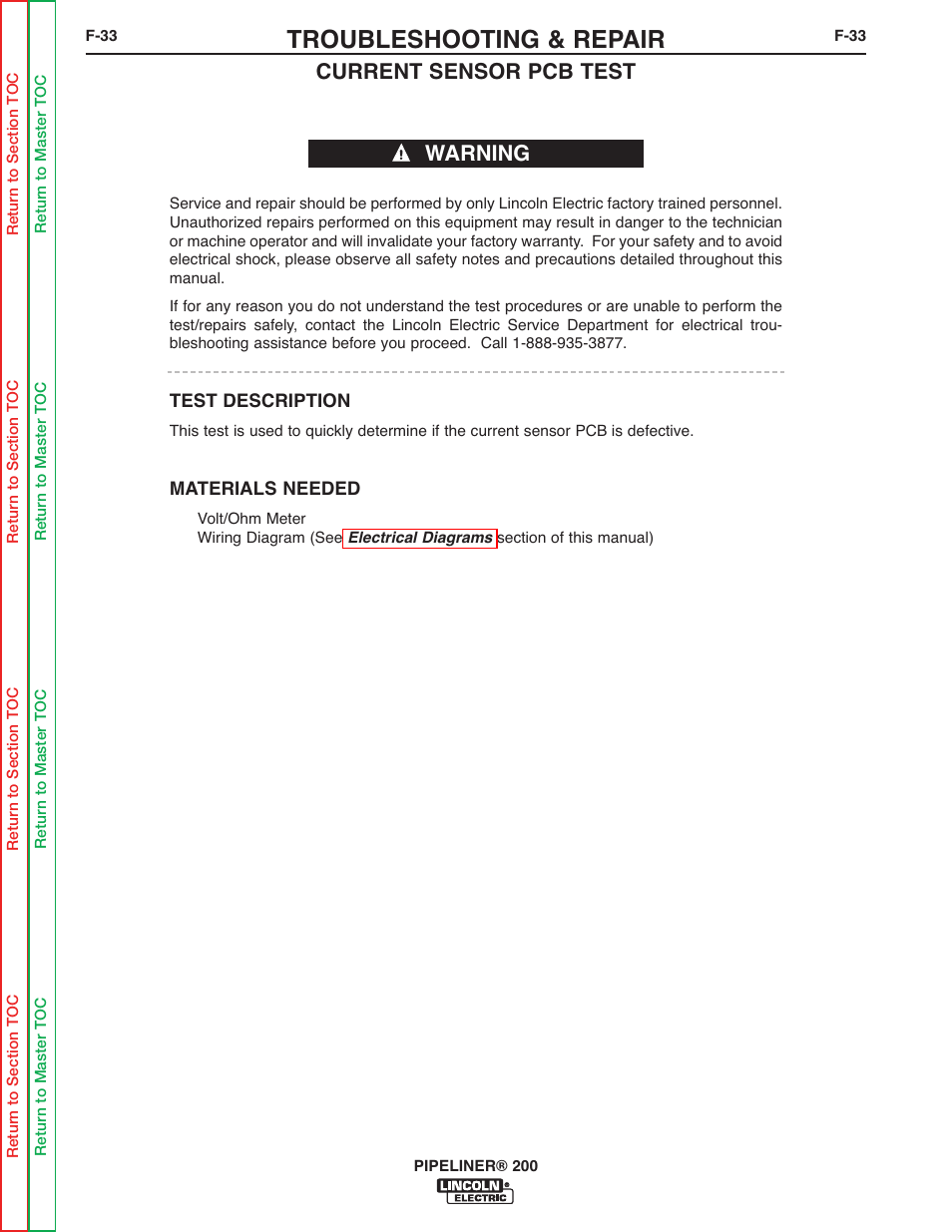 Perform the current sense, Board test, Troubleshooting & repair | Current sensor pcb test warning | Lincoln Electric PIPELINER 200 User Manual | Page 103 / 145