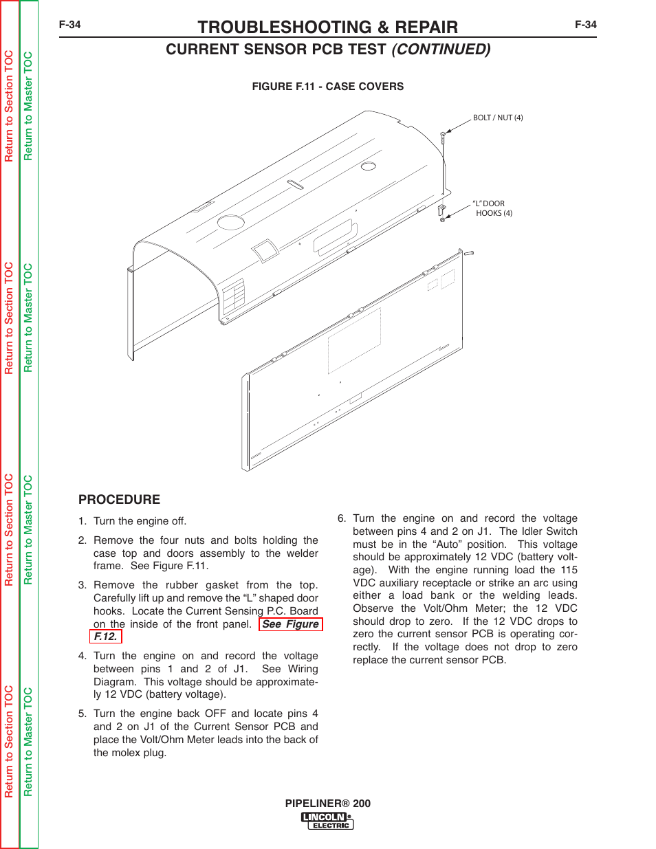 Troubleshooting & repair, Current sensor pcb test (continued) | Lincoln Electric PIPELINER 200 User Manual | Page 104 / 145