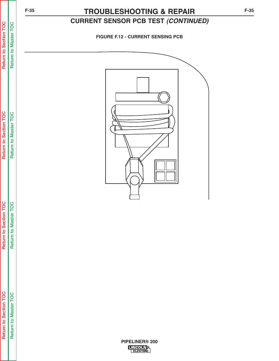 See figure, F.12, Troubleshooting & repair | Current sensor pcb test (continued) | Lincoln Electric PIPELINER 200 User Manual | Page 105 / 145
