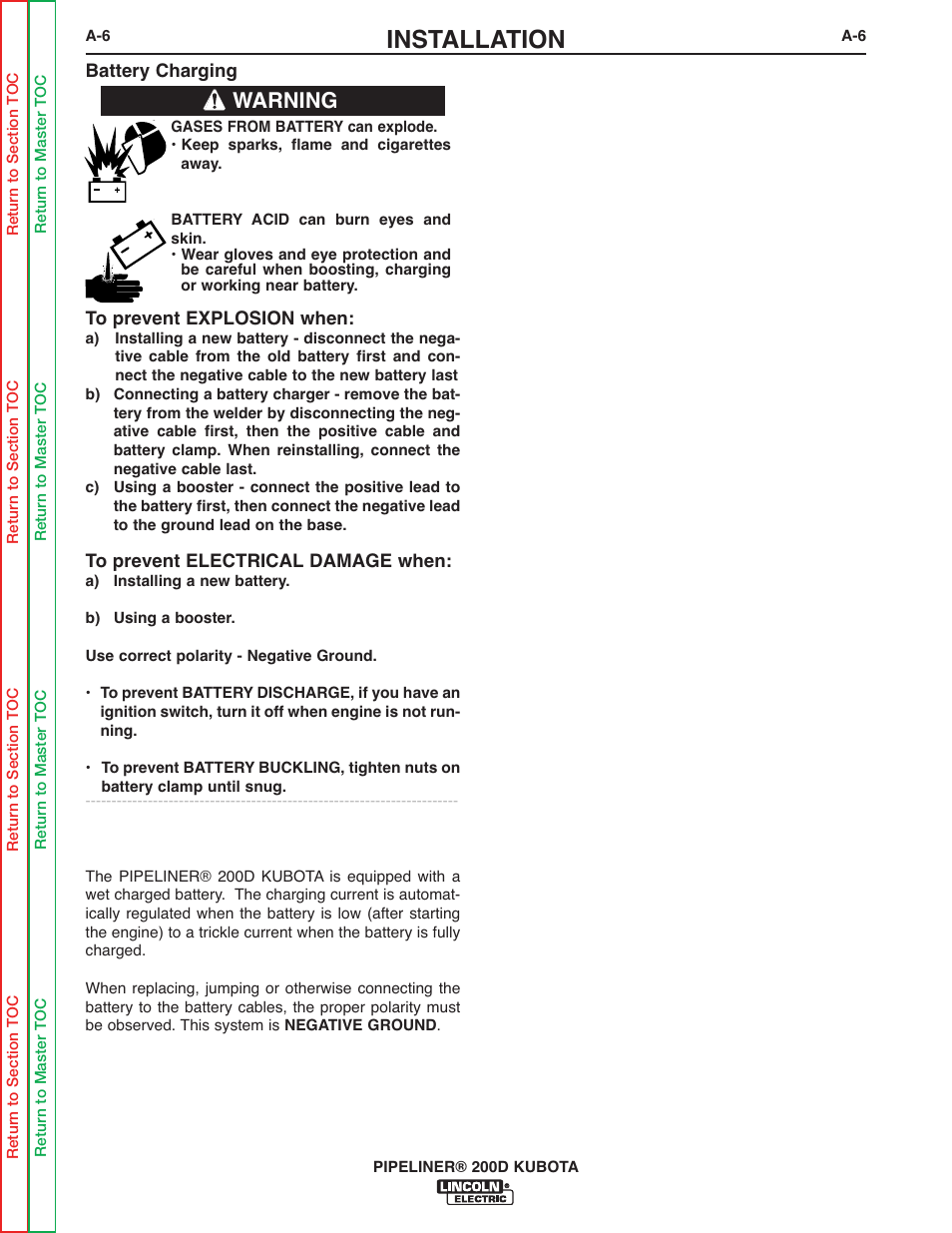 Installation, Warning | Lincoln Electric PIPELINER 200 User Manual | Page 12 / 145