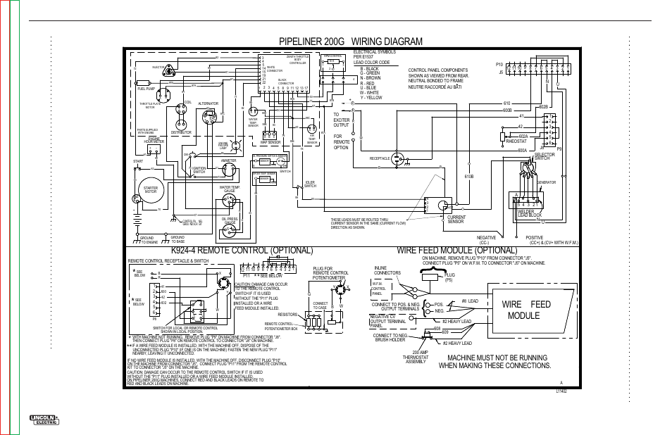 Pipeliner 200g wiring diagram, Wire feed module (optional) wire feed module, K924-4 remote control (optional) | Electrical diagrams | Lincoln Electric PIPELINER 200 User Manual | Page 136 / 145