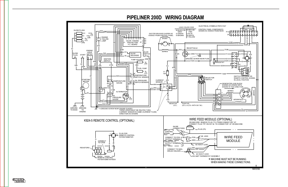 Pipeliner 200d wiring diagram, Electrical diagrams, Wire feed module (optional) | K924-5 remote control (optional), Wire feed module | Lincoln Electric PIPELINER 200 User Manual | Page 138 / 145