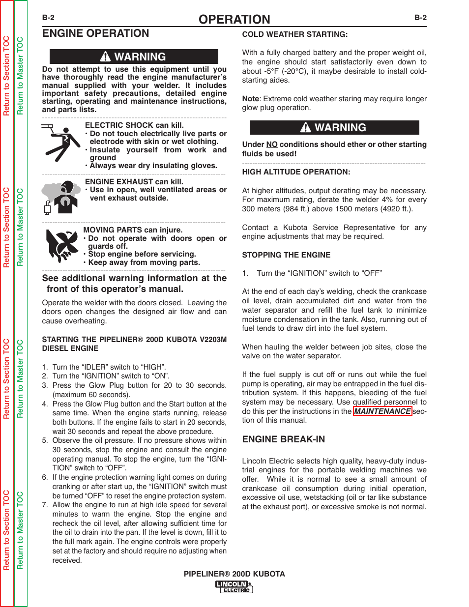 Operation, Engine operation, Warning | Lincoln Electric PIPELINER 200 User Manual | Page 14 / 145