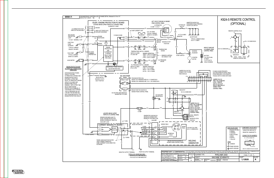 Electrical diagrams, K924-5 remote control (optional), Pipeliner® 200 | Idler / engine protection pc board, Current sensing pc board, Welding generator dc exciter | Lincoln Electric PIPELINER 200 User Manual | Page 141 / 145