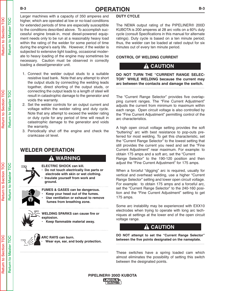 Operation, Welder operation, Warning caution caution | Lincoln Electric PIPELINER 200 User Manual | Page 15 / 145