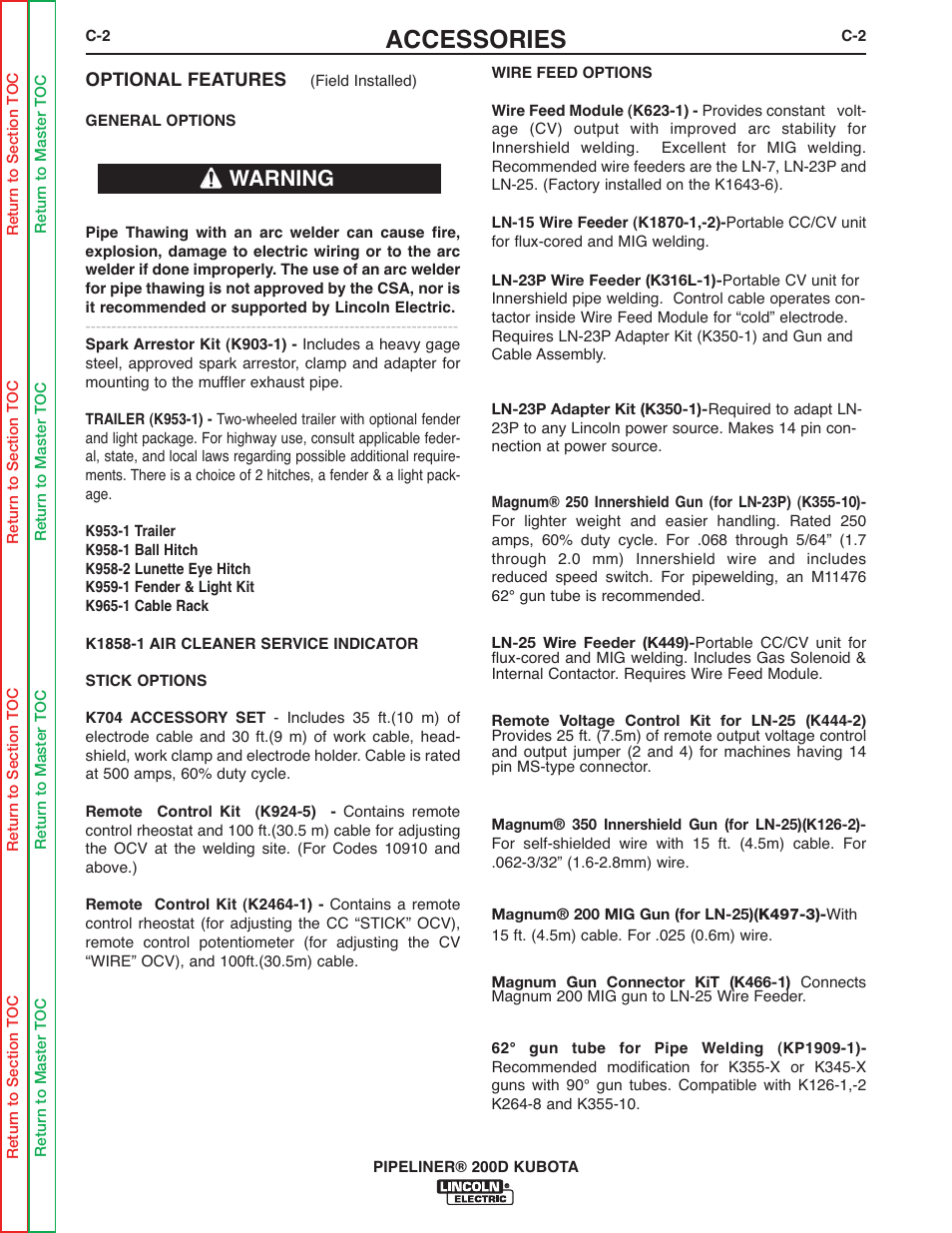 Accessories, Warning | Lincoln Electric PIPELINER 200 User Manual | Page 18 / 145