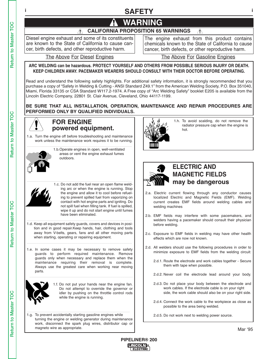 Safety, Info, Warning | For engine powered equipment, Electric and magnetic fields may be dangerous | Lincoln Electric PIPELINER 200 User Manual | Page 2 / 145