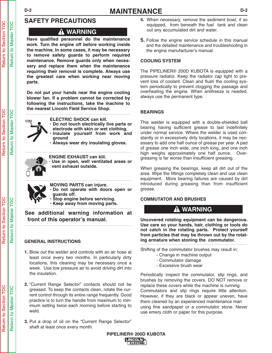 Maintenance, Safety precautions, Warning | Lincoln Electric PIPELINER 200 User Manual | Page 20 / 145