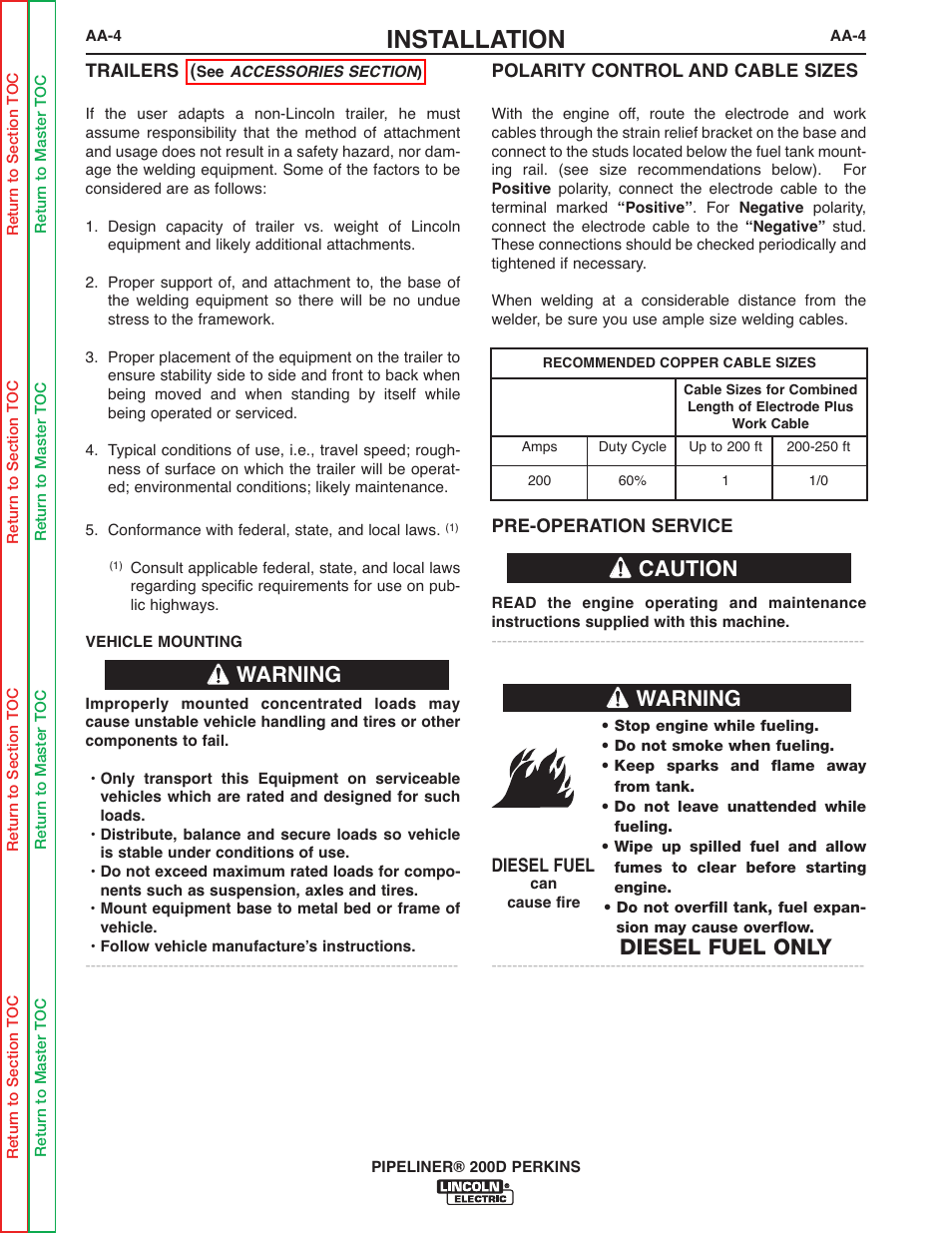 Installation, Warning caution, Diesel fuel only | Warning | Lincoln Electric PIPELINER 200 User Manual | Page 28 / 145