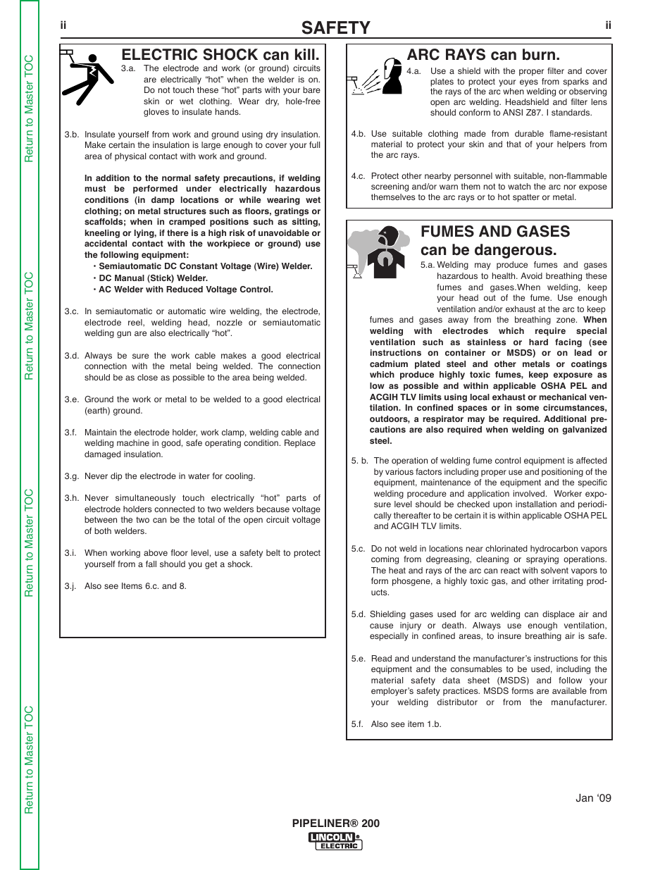Safety, Fumes and gases can be dangerous, Arc rays can burn | Electric shock can kill | Lincoln Electric PIPELINER 200 User Manual | Page 3 / 145