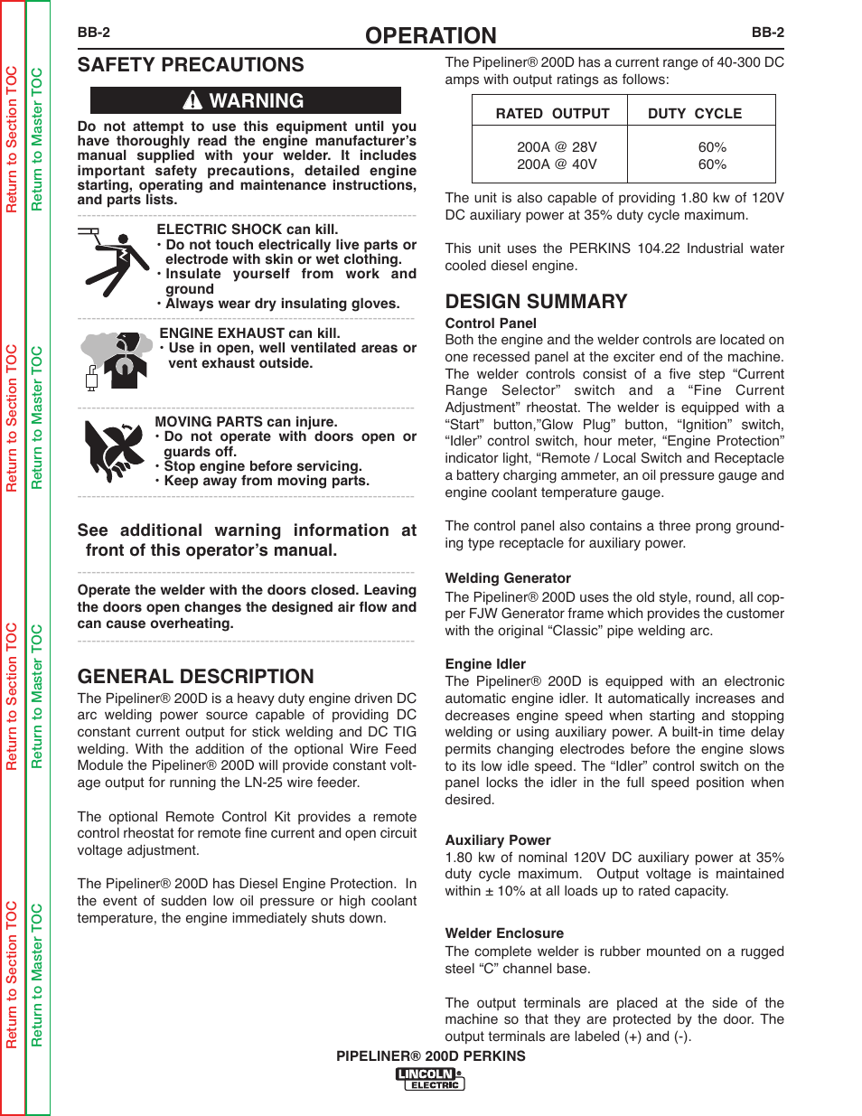 Operation, Design summary, Safety precautions | General description, Warning | Lincoln Electric PIPELINER 200 User Manual | Page 32 / 145