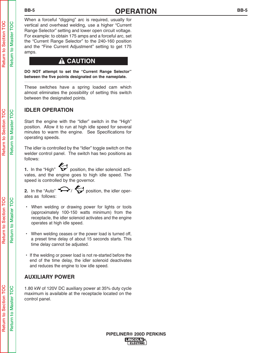 Operation, Caution | Lincoln Electric PIPELINER 200 User Manual | Page 35 / 145