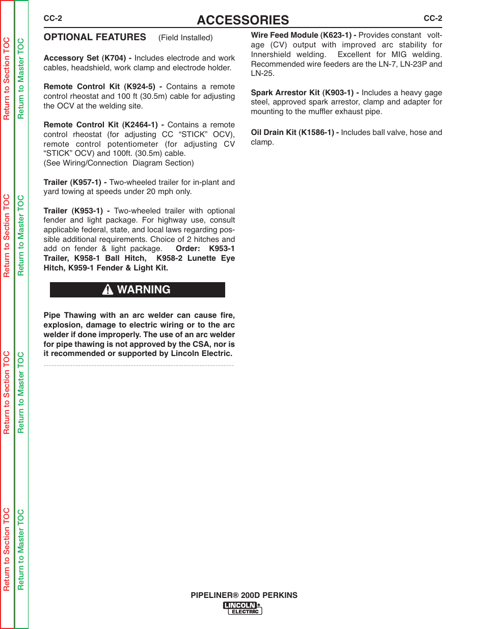 Accessories, Warning | Lincoln Electric PIPELINER 200 User Manual | Page 38 / 145