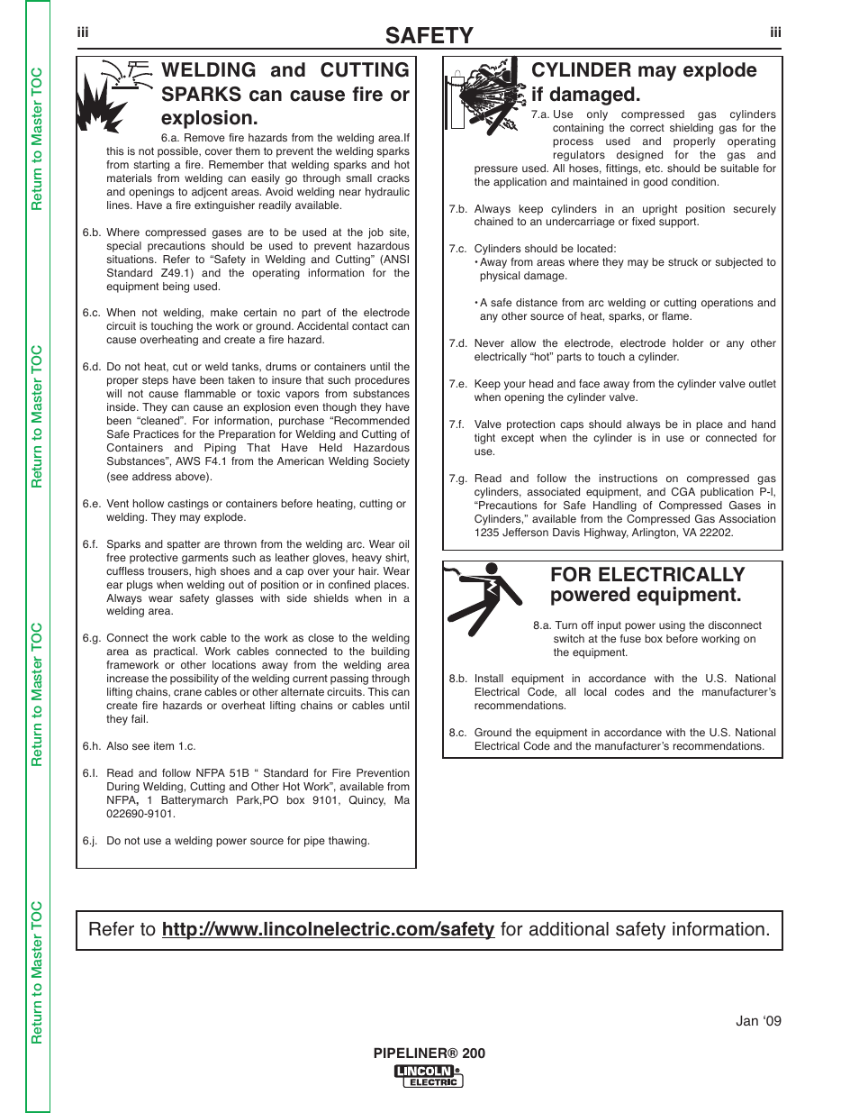 Safety, For electrically powered equipment, Cylinder may explode if damaged | Lincoln Electric PIPELINER 200 User Manual | Page 4 / 145