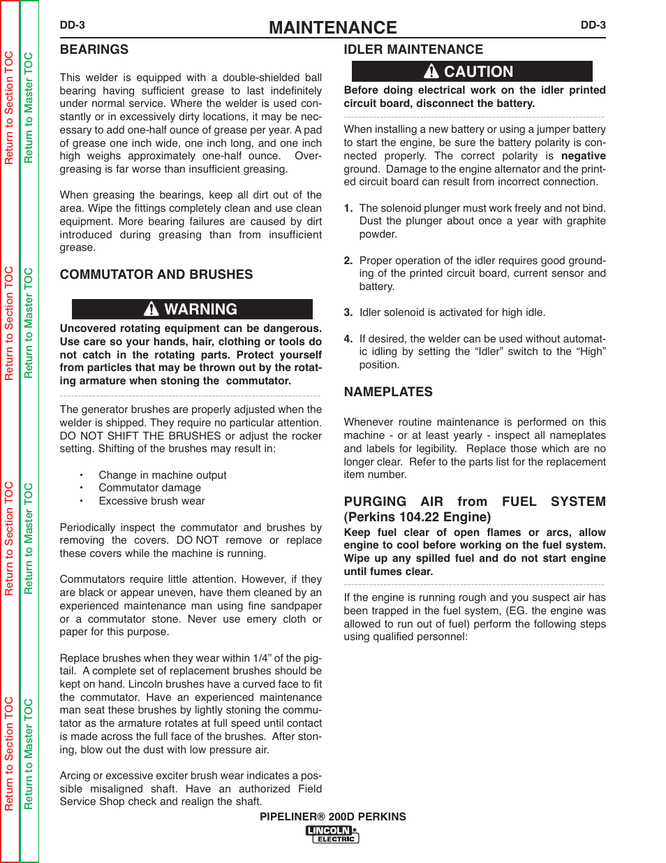 Maintenance, Warning caution | Lincoln Electric PIPELINER 200 User Manual | Page 41 / 145
