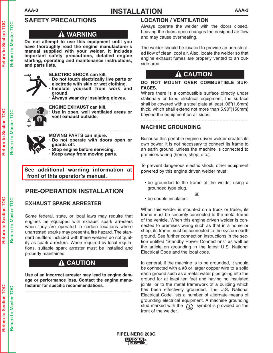 Installation, Warning, Pre-operation installation | Safety precautions caution, Caution | Lincoln Electric PIPELINER 200 User Manual | Page 47 / 145