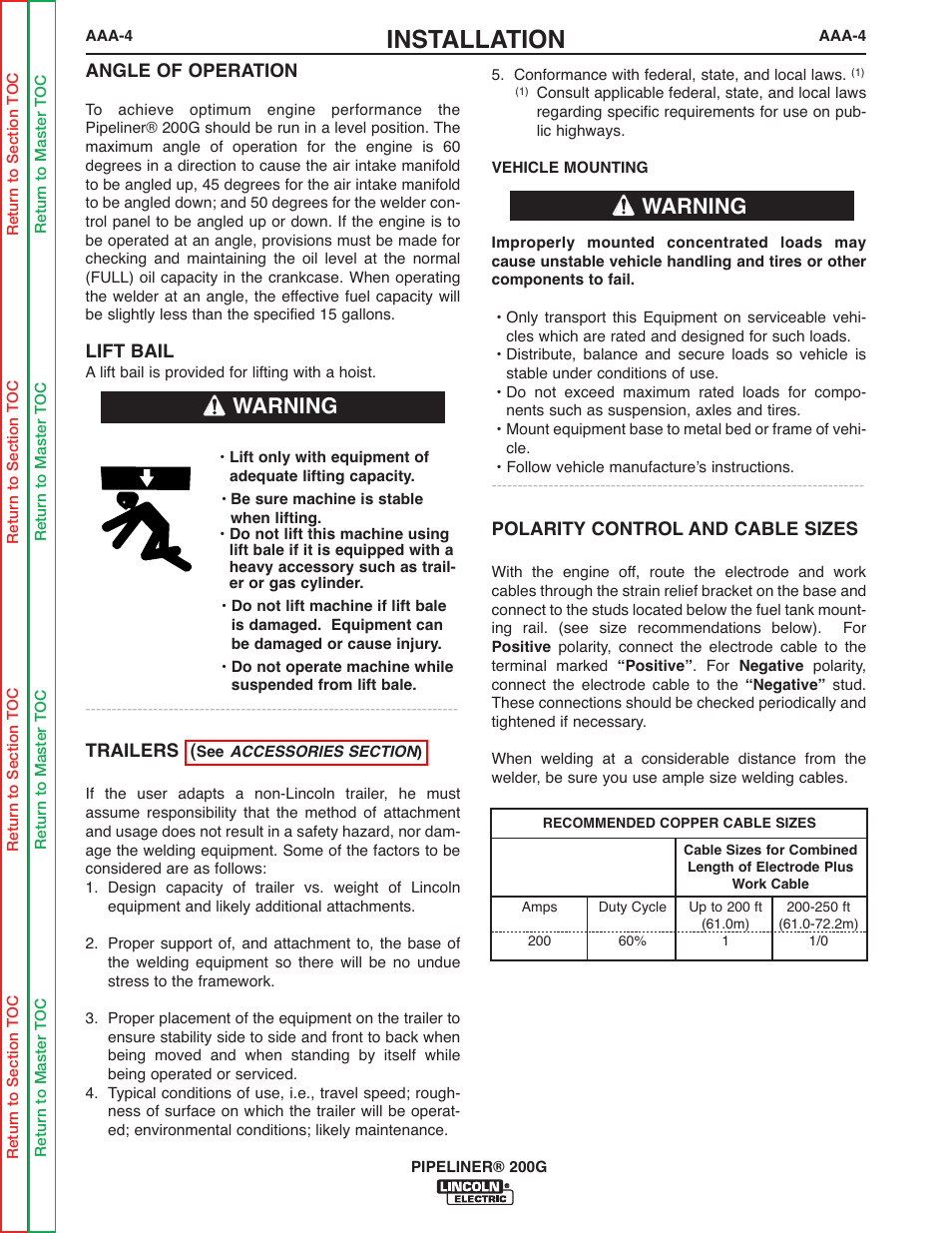 Installation, Warning | Lincoln Electric PIPELINER 200 User Manual | Page 48 / 145