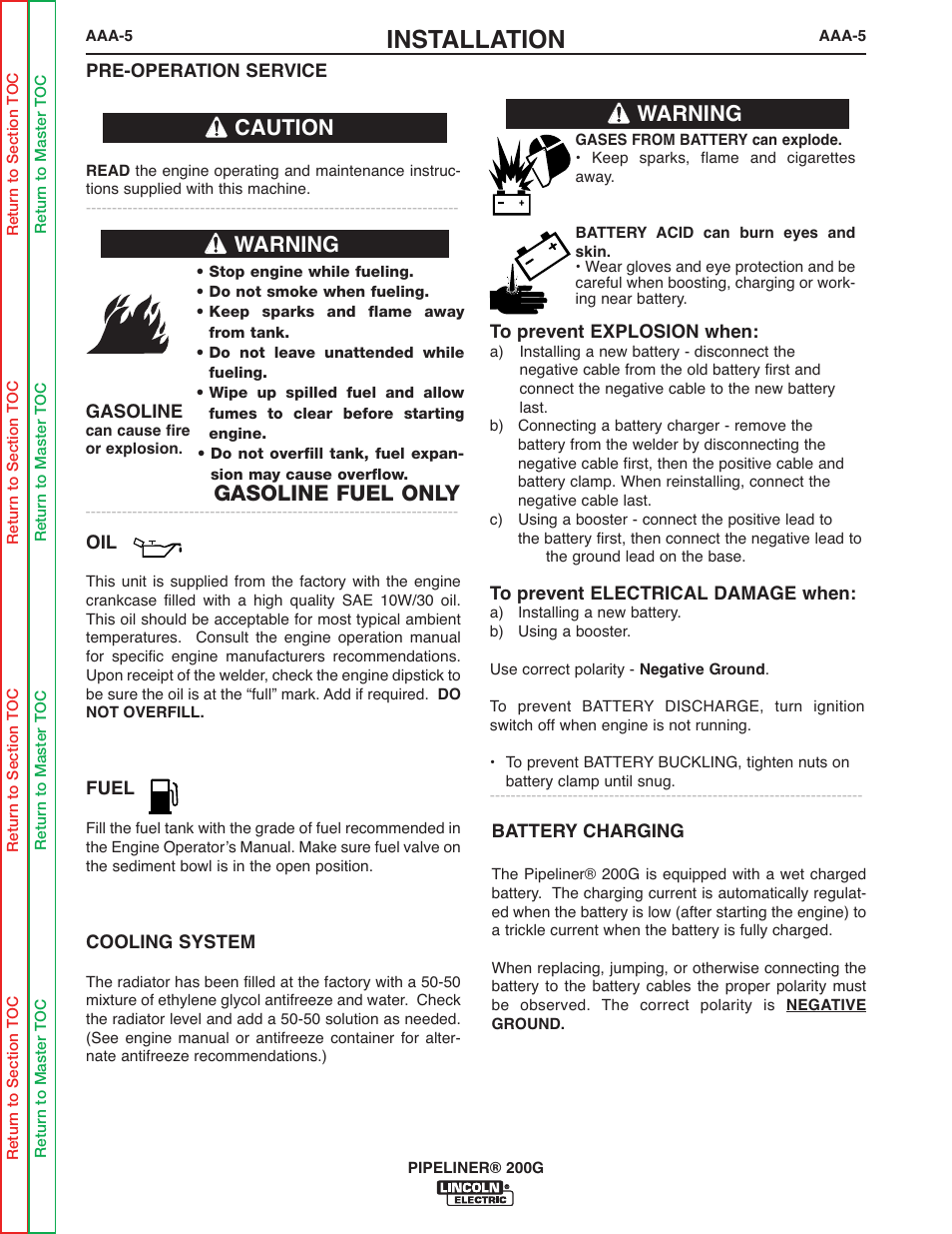 Installation, Caution, Warning | Gasoline fuel only | Lincoln Electric PIPELINER 200 User Manual | Page 49 / 145