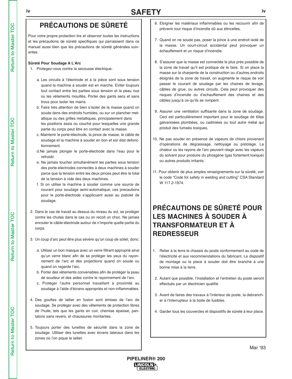 Safety, Précautions de sûreté | Lincoln Electric PIPELINER 200 User Manual | Page 5 / 145