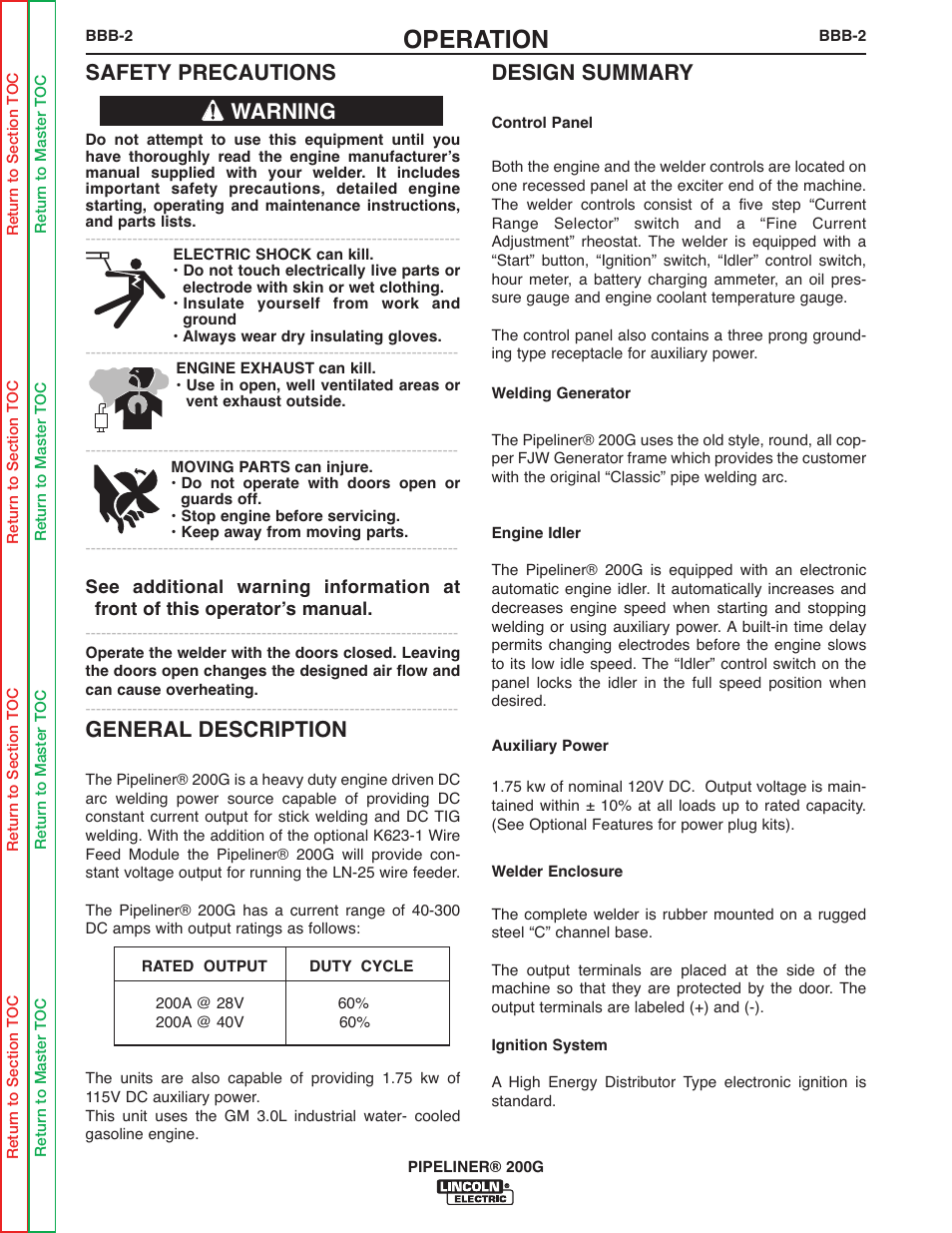 Operation, Safety precautions, General description | Design summary, Warning | Lincoln Electric PIPELINER 200 User Manual | Page 52 / 145