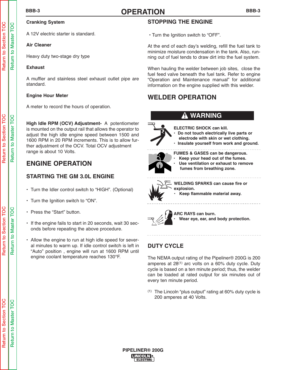 Operation, Engine operation, Welder operation | Warning | Lincoln Electric PIPELINER 200 User Manual | Page 53 / 145