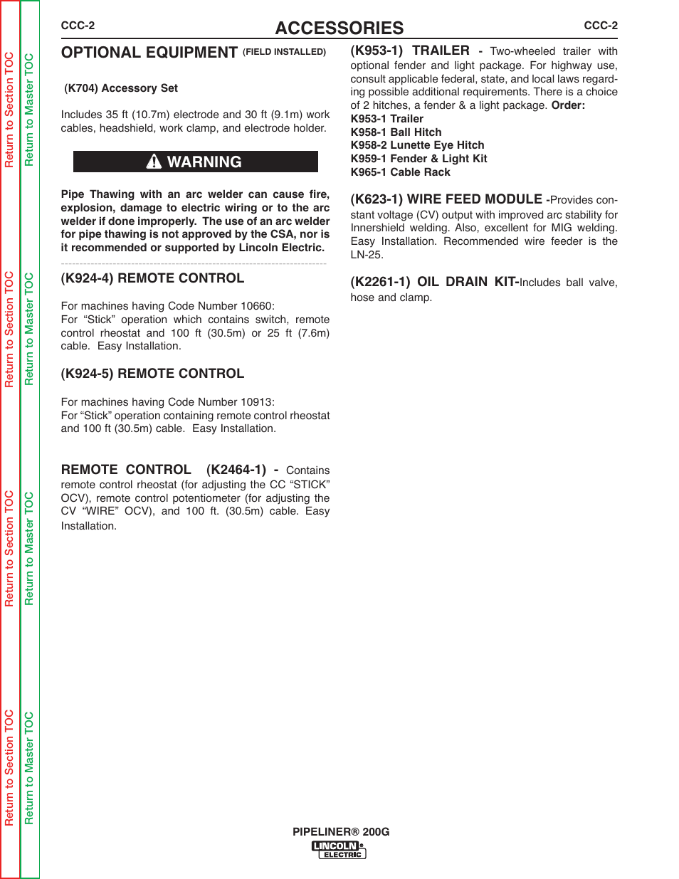 Accessories, Optional equipment, Warning | Lincoln Electric PIPELINER 200 User Manual | Page 56 / 145