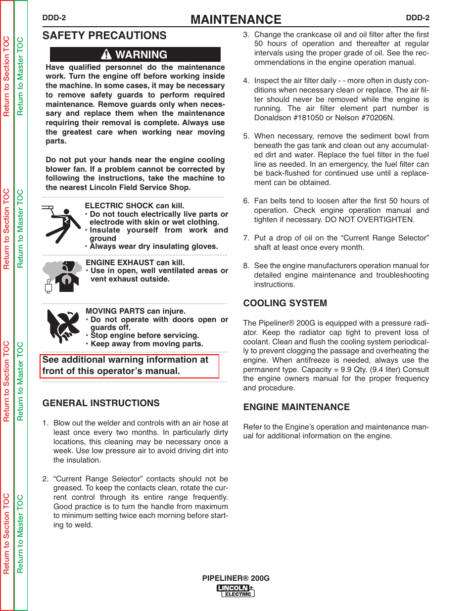 Maintenance, Safety precautions, Warning | Lincoln Electric PIPELINER 200 User Manual | Page 58 / 145