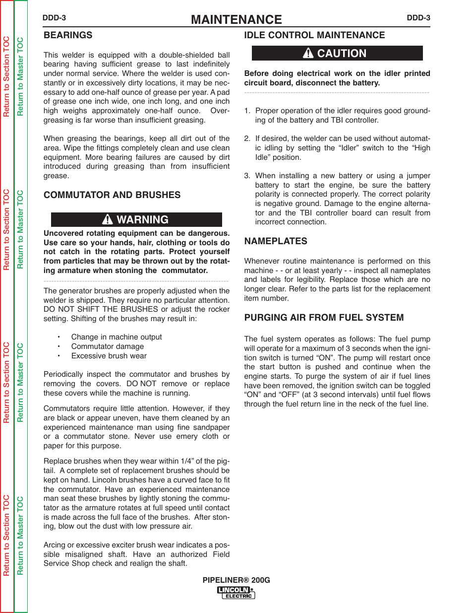 Maintenance, Warning caution | Lincoln Electric PIPELINER 200 User Manual | Page 59 / 145