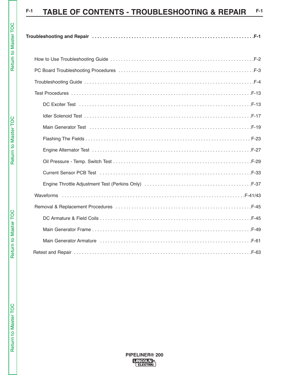 Section f - troublehooting & repair, Table of contents - troubleshooting & repair | Lincoln Electric PIPELINER 200 User Manual | Page 71 / 145