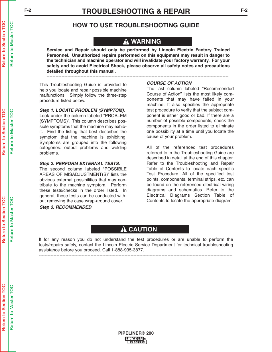 Troubleshooting & repair, How to use troubleshooting guide, Warning caution | Lincoln Electric PIPELINER 200 User Manual | Page 72 / 145