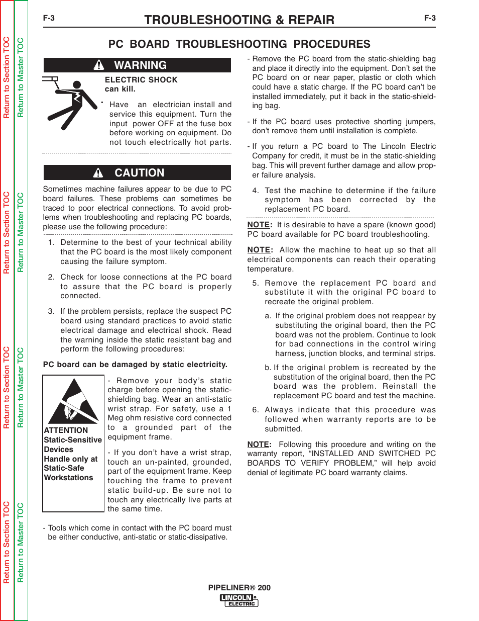 Troubleshooting & repair, Pc board troubleshooting procedures, Warning caution | Lincoln Electric PIPELINER 200 User Manual | Page 73 / 145