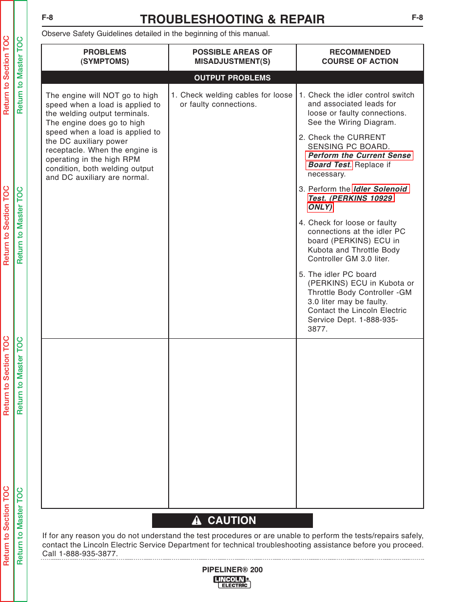 Troubleshooting & repair, Caution | Lincoln Electric PIPELINER 200 User Manual | Page 78 / 145