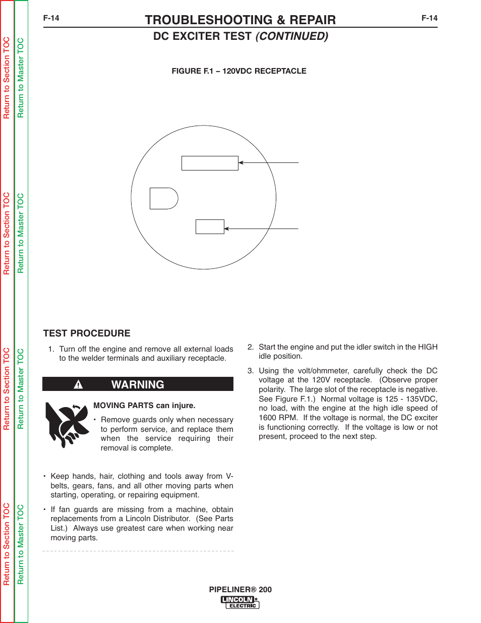 Troubleshooting & repair, Dc exciter test (continued), Warning | Lincoln Electric PIPELINER 200 User Manual | Page 84 / 145