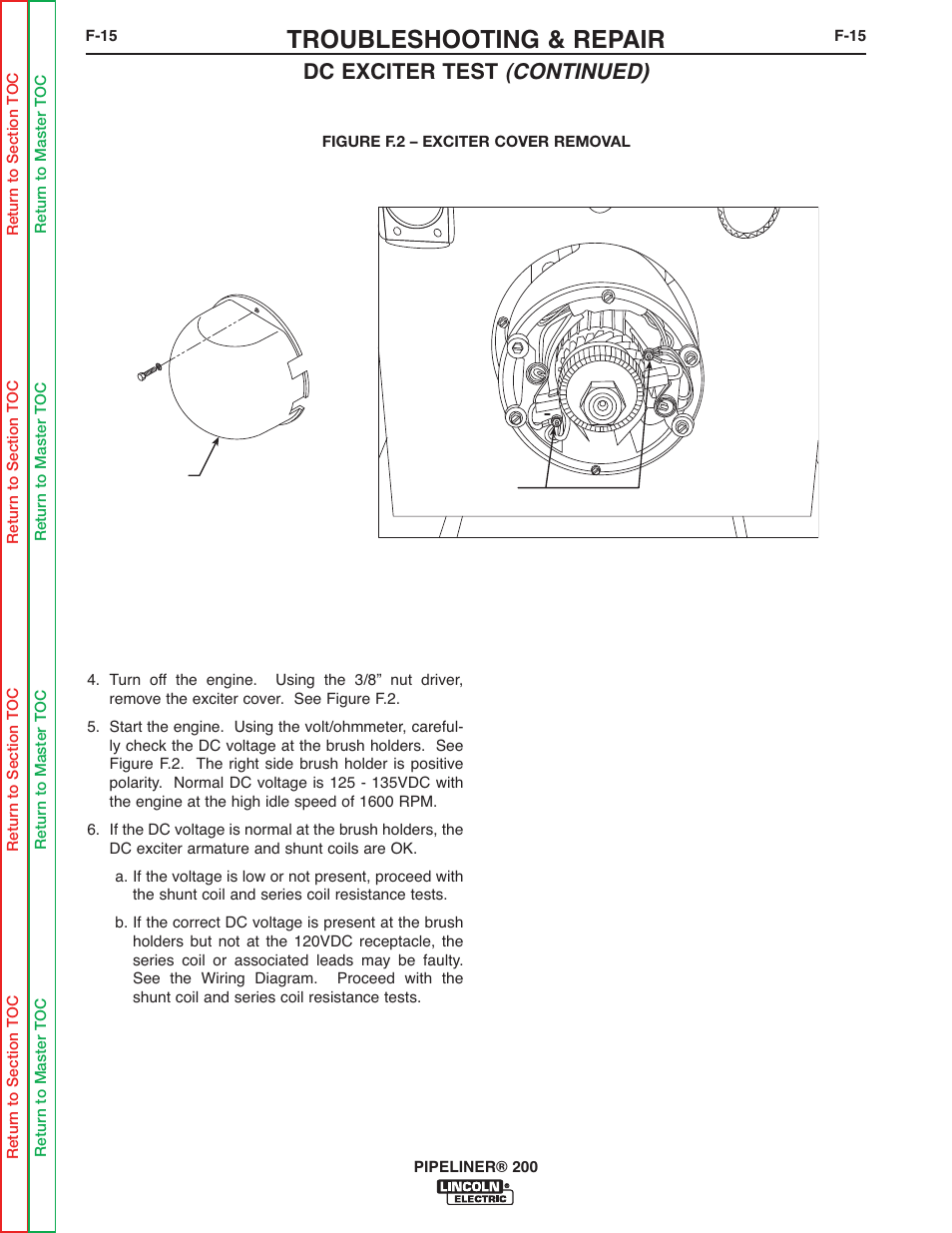 Troubleshooting & repair, Dc exciter test (continued) | Lincoln Electric PIPELINER 200 User Manual | Page 85 / 145