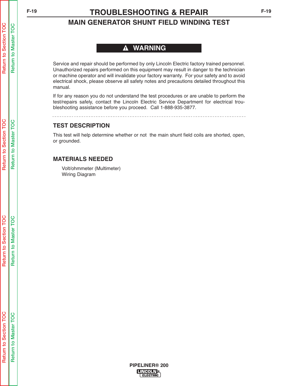 Main generator, Shunt field winding test, Troubleshooting & repair | Main generator shunt field winding test warning | Lincoln Electric PIPELINER 200 User Manual | Page 89 / 145