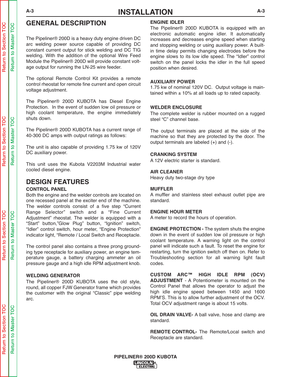Installation, General description, Design features | Lincoln Electric PIPELINER 200 User Manual | Page 9 / 145