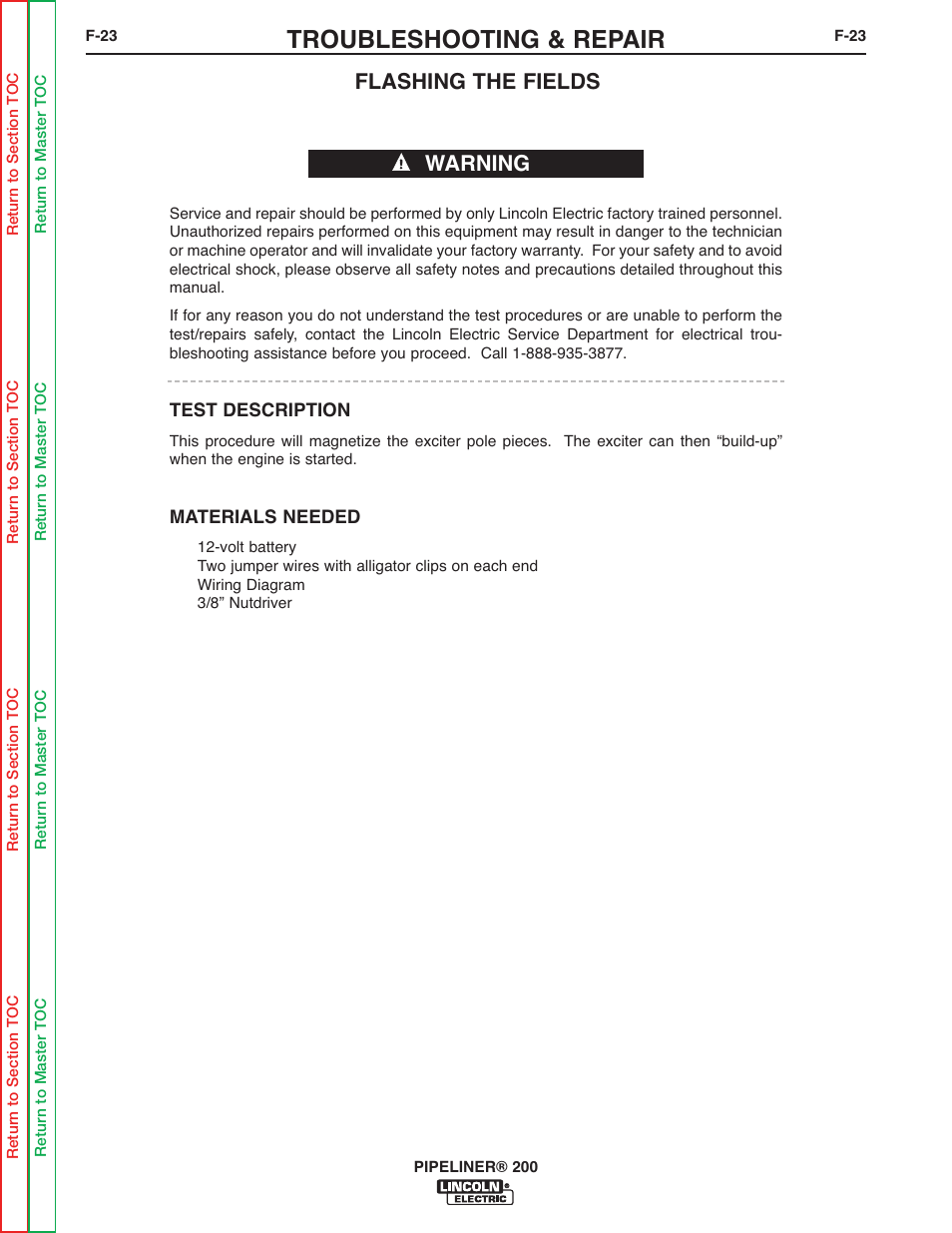 Flashing the, Fields, Troubleshooting & repair | Flashing the fields warning | Lincoln Electric PIPELINER 200 User Manual | Page 93 / 145