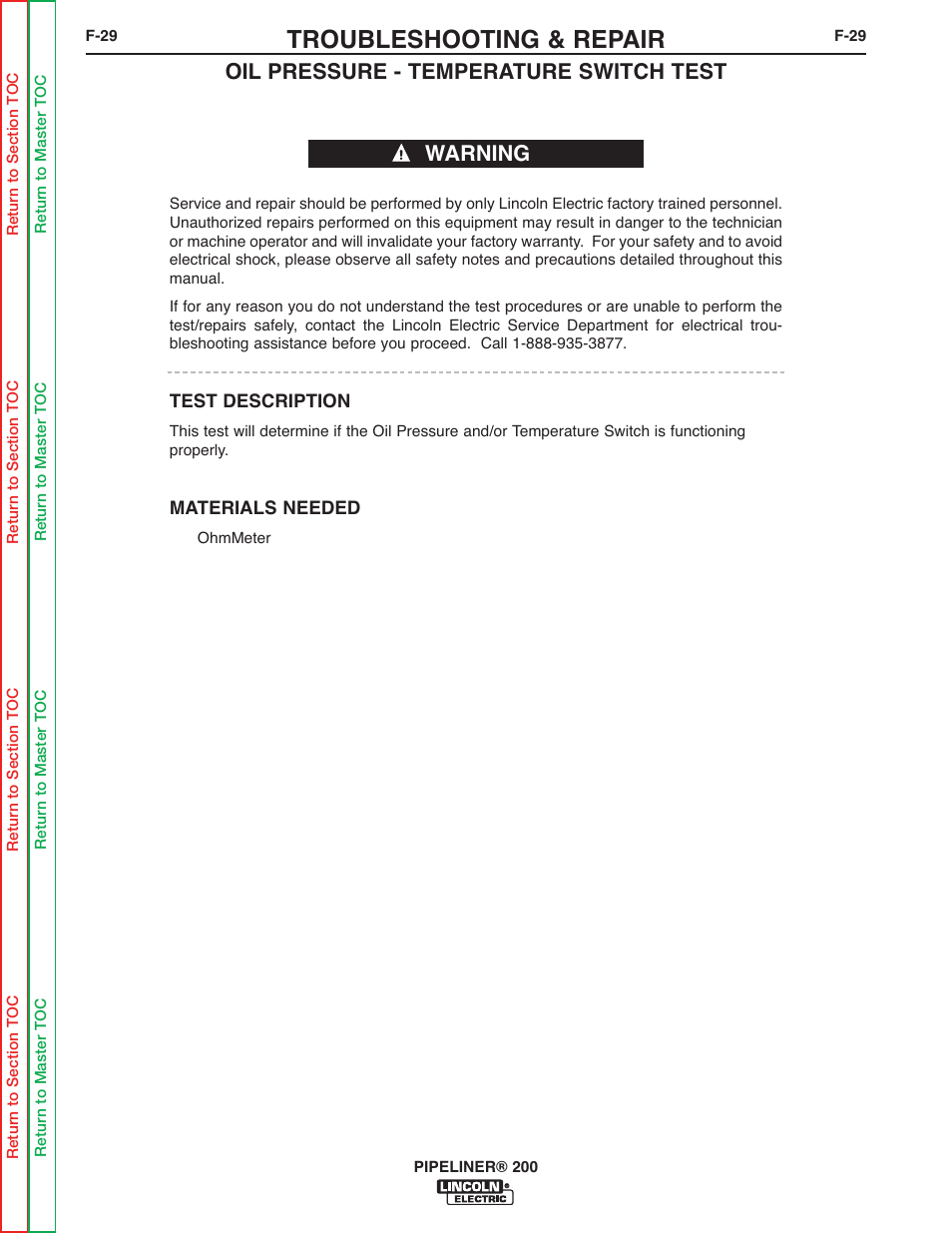 Pressure switch test, Temperature switch test, Troubleshooting & repair | Oil pressure - temperature switch test warning | Lincoln Electric PIPELINER 200 User Manual | Page 99 / 145