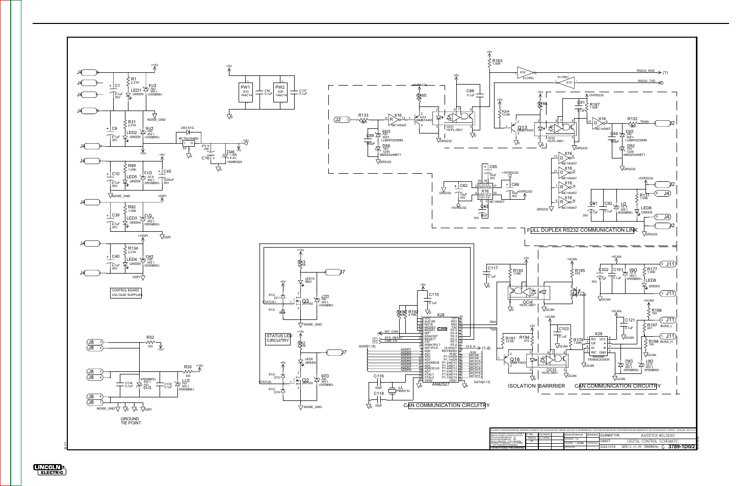 Electrical diagrams, Schematic - control pc board #2, V350-pro | Isolation barrrier, Can communication circuitry, Inverter welders digital control schematic | Lincoln Electric INVERTEC V350-PRO SVM152-A User Manual | Page 137 / 155