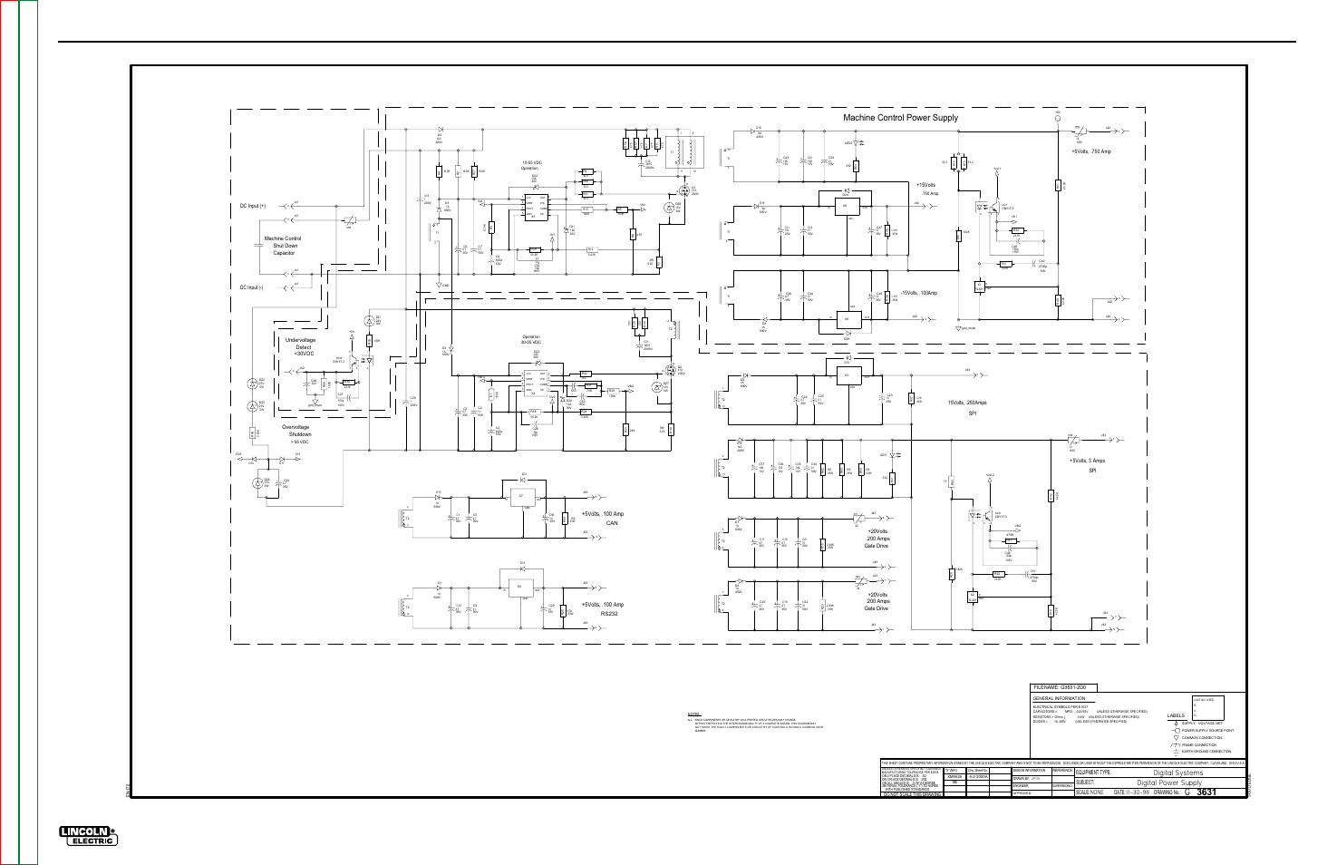 Electrical diagrams, Schematic - power supply printed circuit board, V350-pro | Machine control power supply, Digital systems digital power supply, 5volts, .100 amp, Scale, Date, Subject, Equipment type: drawing no | Lincoln Electric INVERTEC V350-PRO SVM152-A User Manual | Page 141 / 155