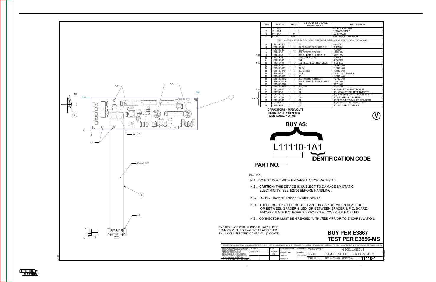 Electrical diagrams, Buy as, Identification code | G-18, Pc board assembly-mode select, Miscellaneous spi mode select p.c. bd assembly, V350-pro, Item 4, N.e. connector must be greased with, Prior to encapsulation | Lincoln Electric INVERTEC V350-PRO SVM152-A User Manual | Page 150 / 155