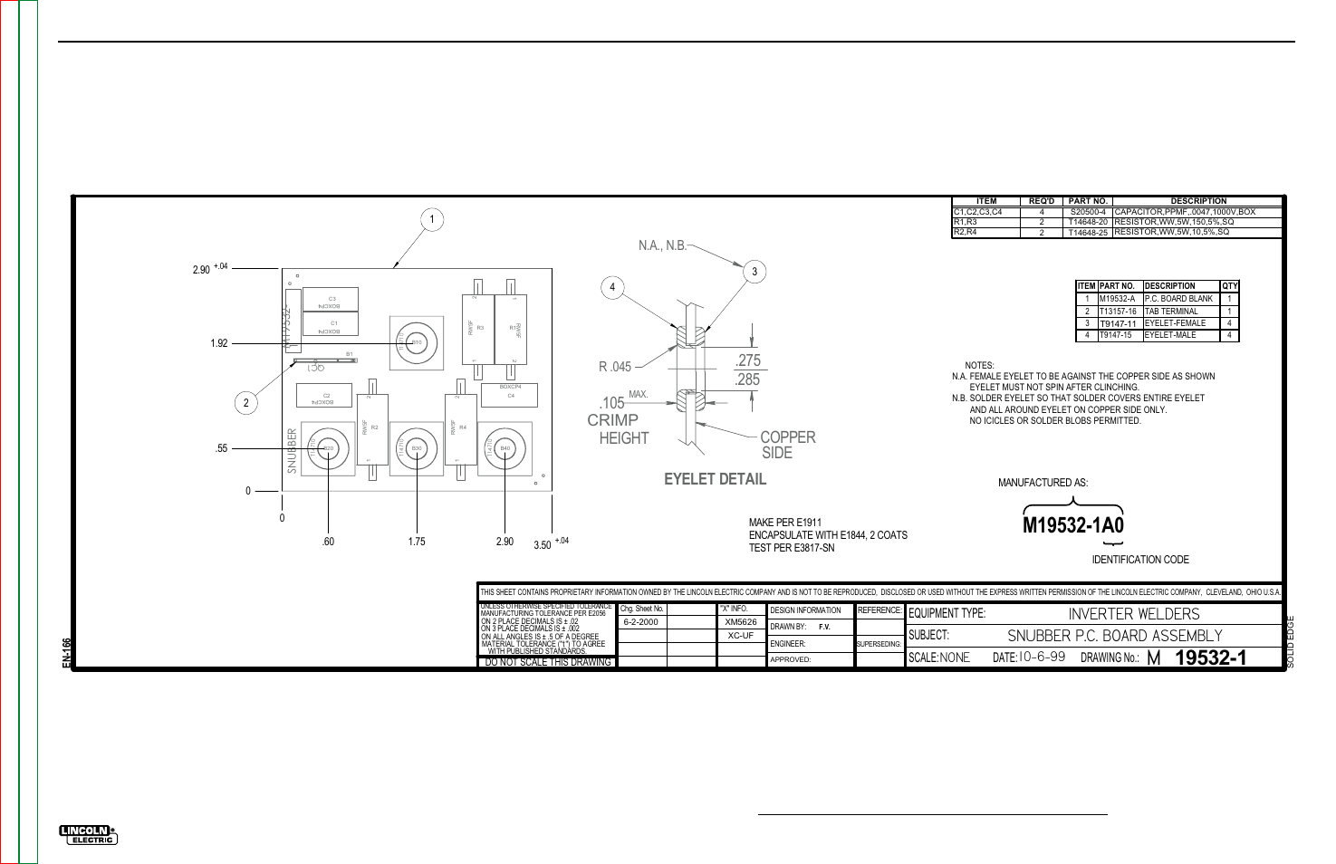 Inverter welders snubber p.c. board assembly, Electrical diagrams, Scale | Date, Subject, Equipment type: drawing no, N.a., n.b, R .045, G-22, Pc board assembly-snubber | Lincoln Electric INVERTEC V350-PRO SVM152-A User Manual | Page 154 / 155
