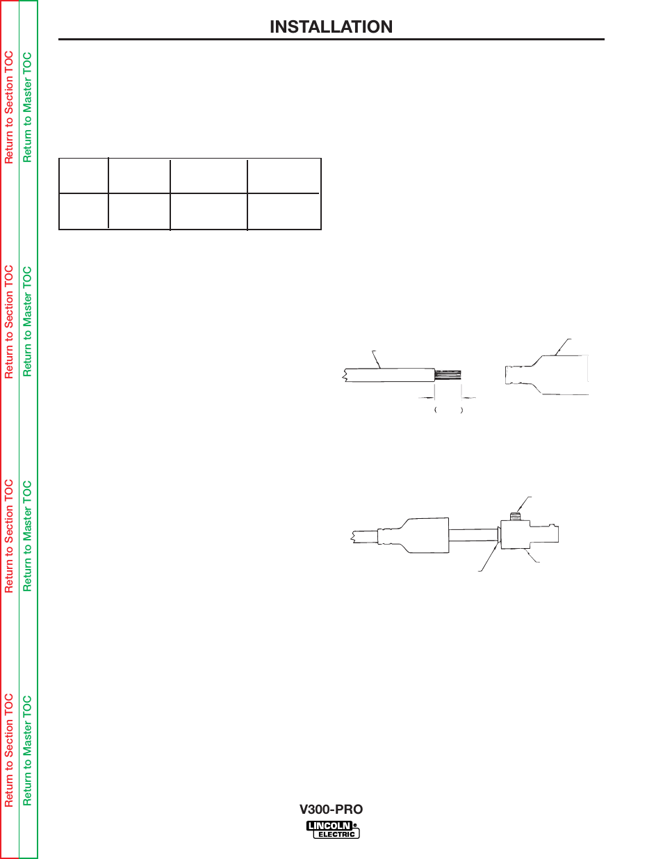Installation, V300-pro, Output cables | Quick disconnect plugs (k852-7), Reverse 25mm & 1in | Lincoln Electric INVERTEC V300-PRO SVM105-B User Manual | Page 12 / 117