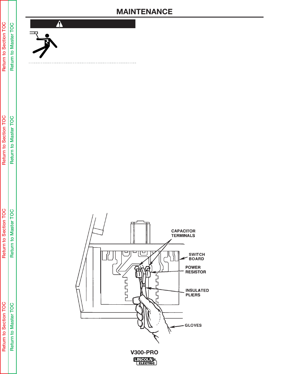 Maintenance, Input filter capacitor discharge procedure, Warning | Lincoln Electric INVERTEC V300-PRO SVM105-B User Manual | Page 20 / 117