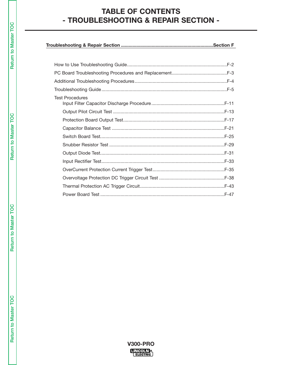 Section f - troubleshooting and repair | Lincoln Electric INVERTEC V300-PRO SVM105-B User Manual | Page 31 / 117