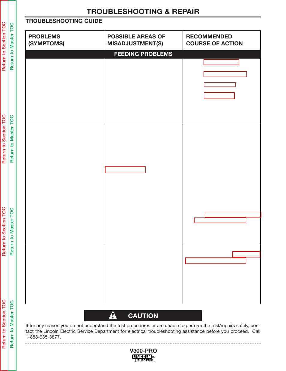 Meter reads low voltage (1-2 vdc), Poor welding, weld settings drift, or, Welding “too hot”. actual weld current | Troubleshooting & repair, Caution | Lincoln Electric INVERTEC V300-PRO SVM105-B User Manual | Page 38 / 117