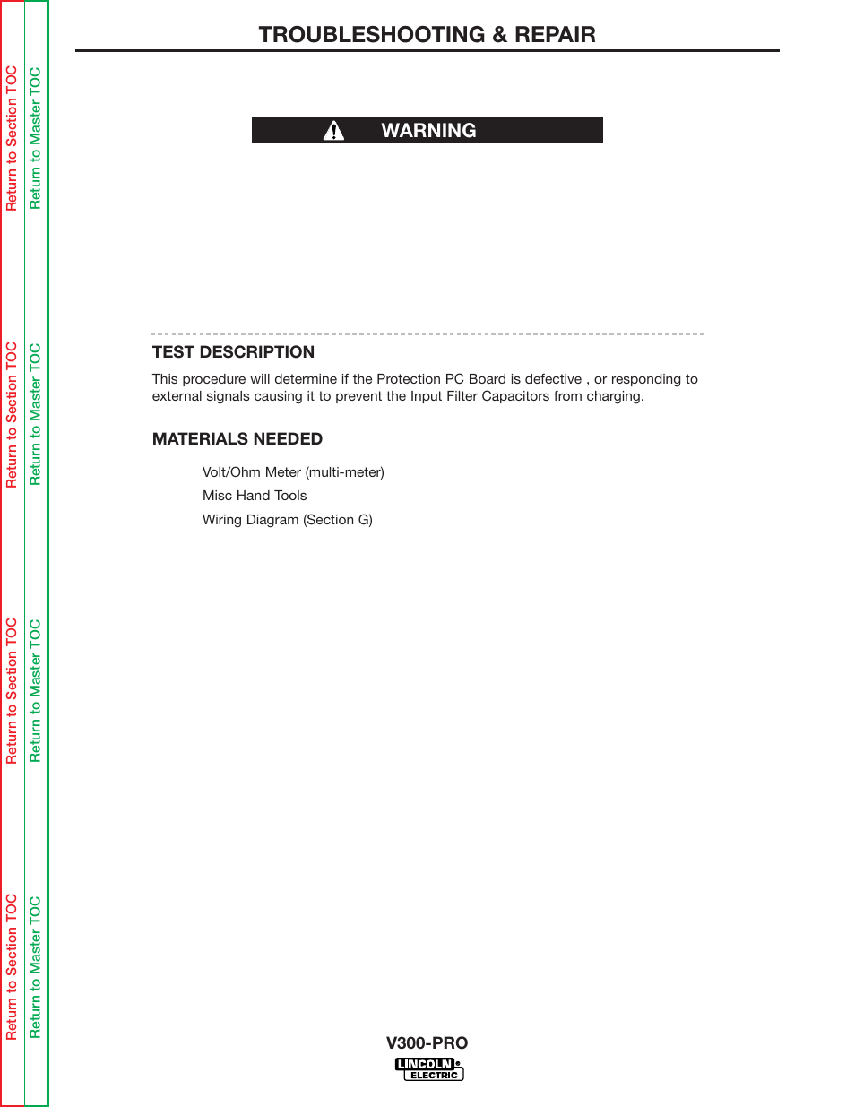 Protection board output, Protection board output. voltage, E ok. go to protection board | Output, Troubleshooting & repair, Warning protection board output test | Lincoln Electric INVERTEC V300-PRO SVM105-B User Manual | Page 47 / 117