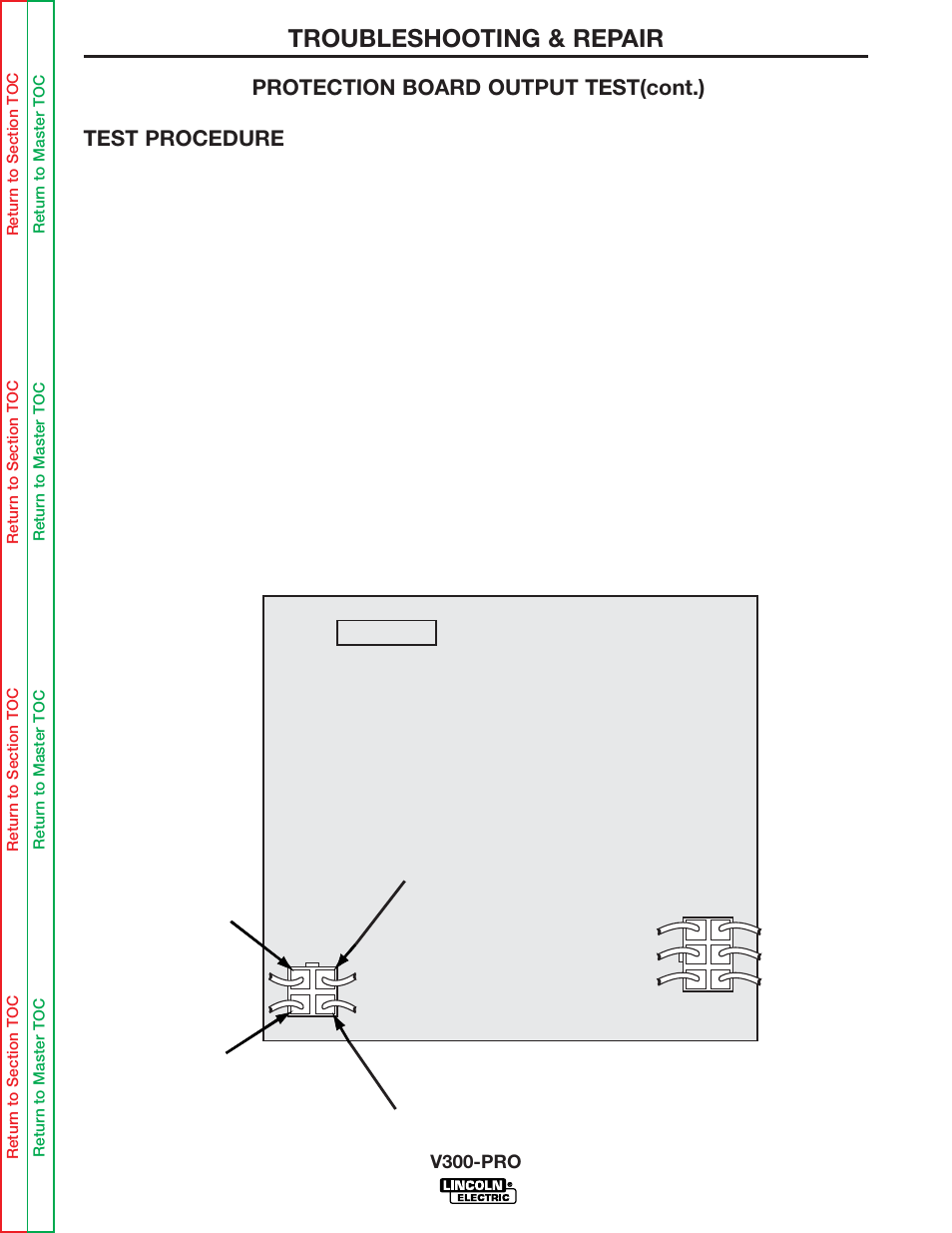 Troubleshooting & repair, Protection board output test(cont.) test procedure | Lincoln Electric INVERTEC V300-PRO SVM105-B User Manual | Page 49 / 117